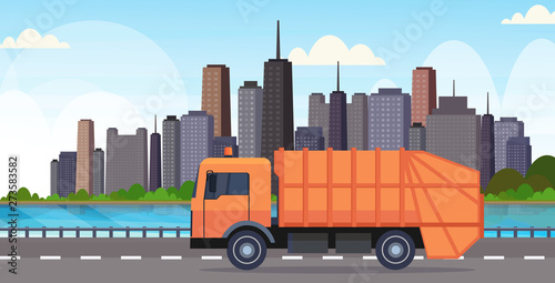 orange garbage truck urban sanitary vehicle moving city highway waste recycling concept modern cityscape background flat horizontal
