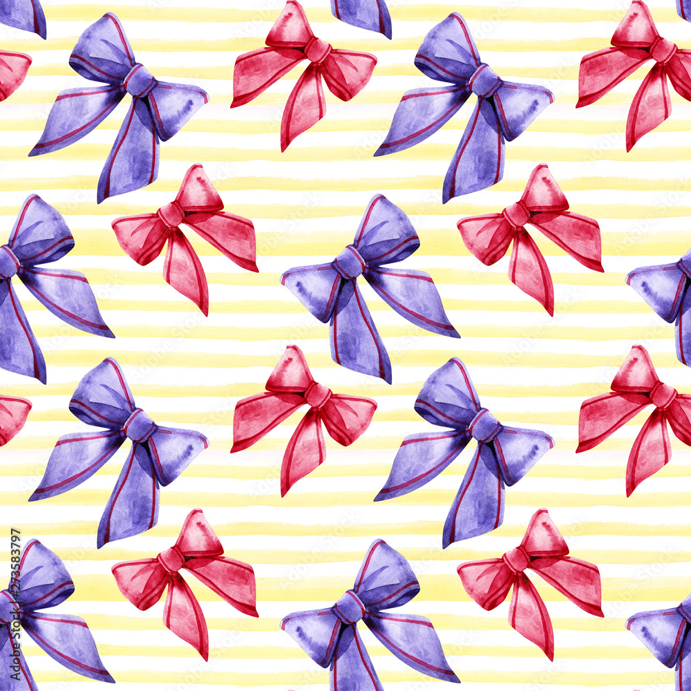 Watercolor bows. Seamless pattern for fabrics, paper, wallpaper