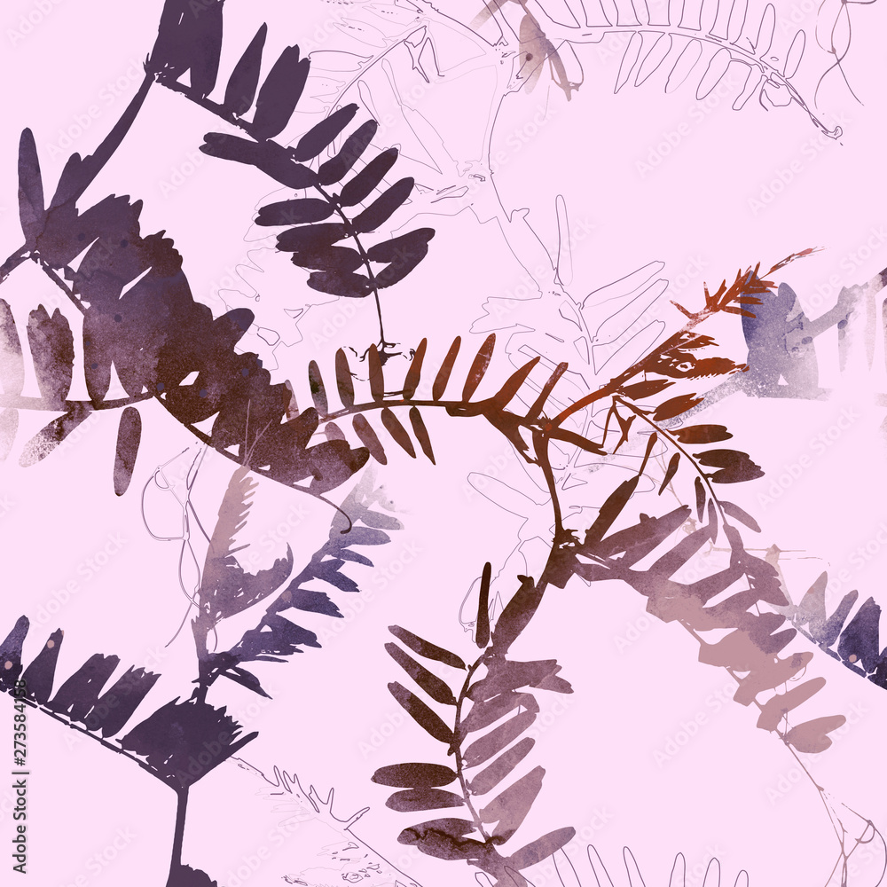 imprints leaves mix repeat seamless pattern. digital picture with watercolour texture. mixed media artwork. endless