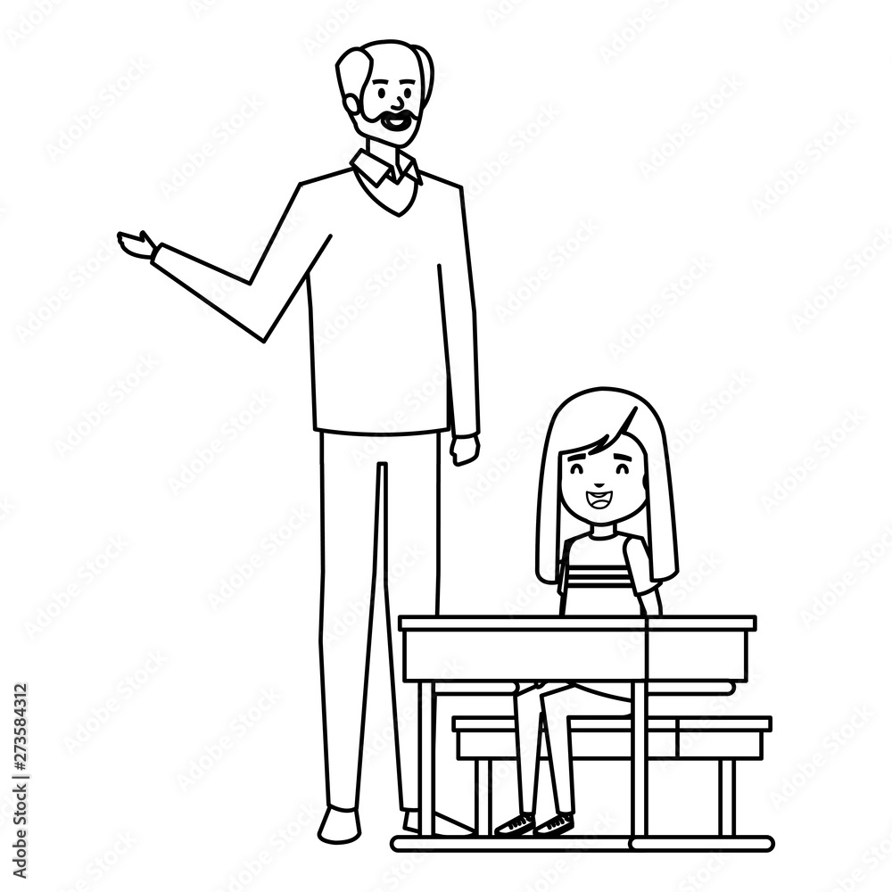 student girl in school desk with male teacher