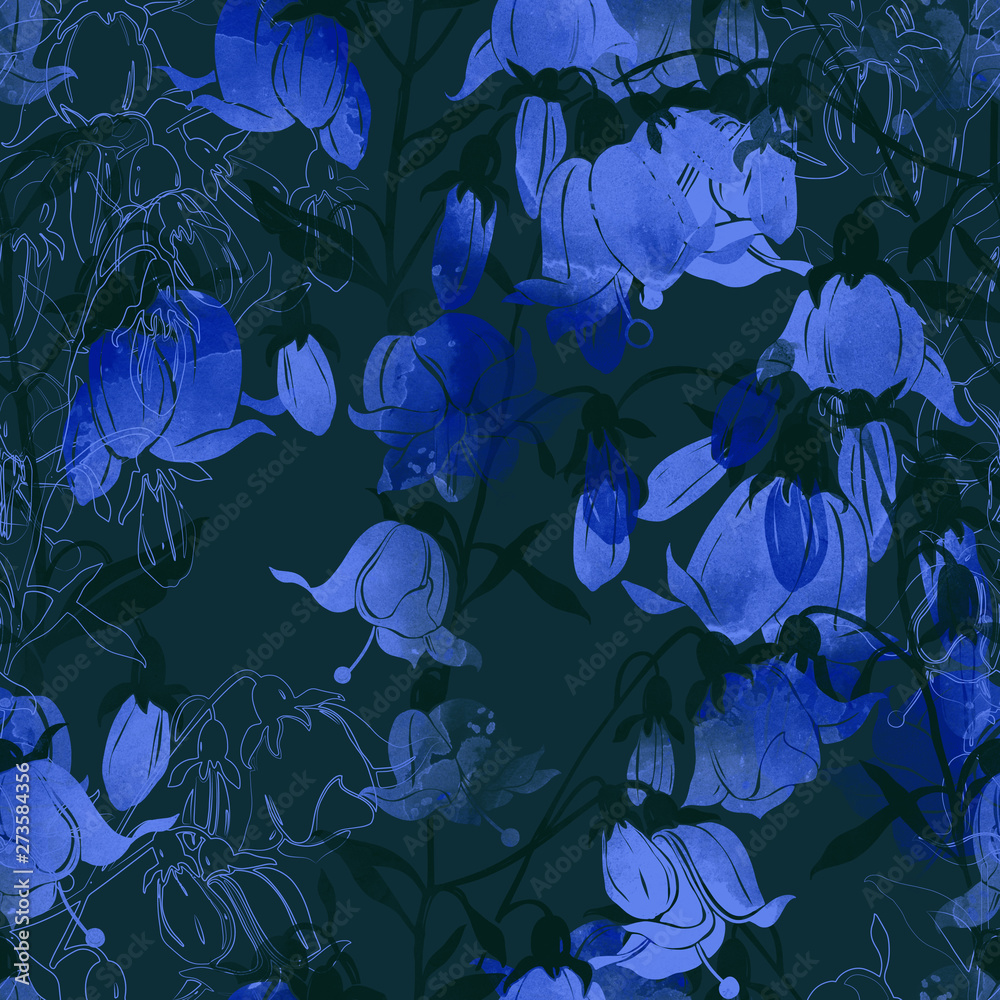imprints blooming bell flowers mix repeat seamless pattern. digital ...