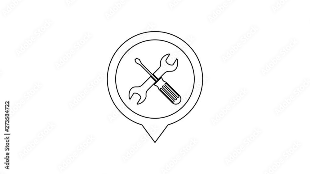 Black Location with crossed screwdriver and wrench tools line icon on white background. Pointer settings symbol. 4K Video motion graphic animation Black Location with crossed screwdriver and wrench tools line icon on white background. Pointer settings symbol. 4K Video motion graphic animation