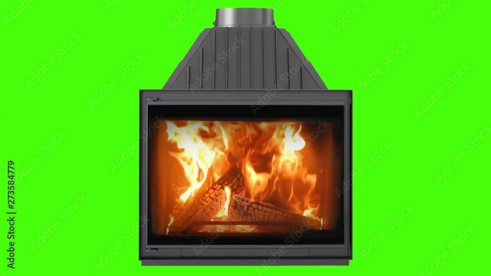 Burning Wood In Fireplace Isolated On Green Screen. Perfect For Your