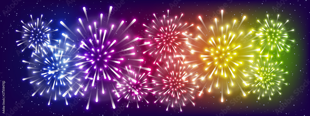Shiny rainbow fireworks on starry sky background - horizontal panoramic banner for Your holiday design Shiny rainbow fireworks on starry sky background - horizontal panoramic banner for Your holiday design