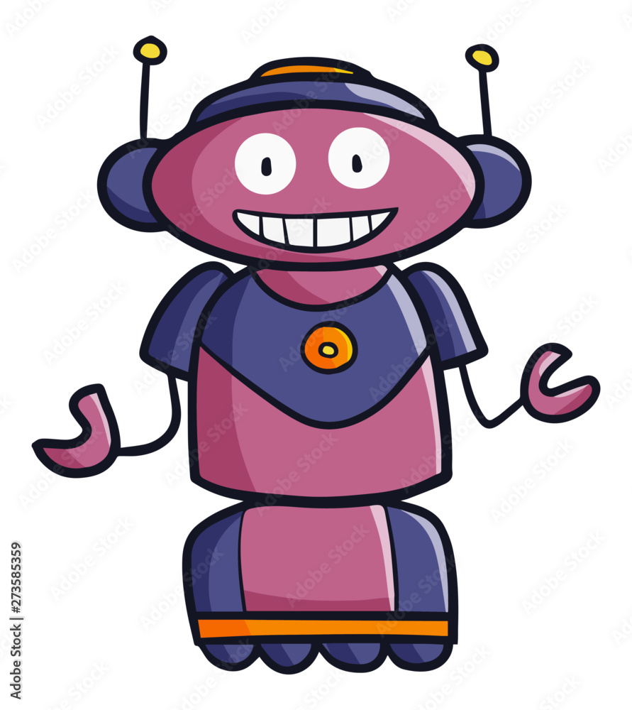 Cute and funny pink robot smiling happily - vector.
