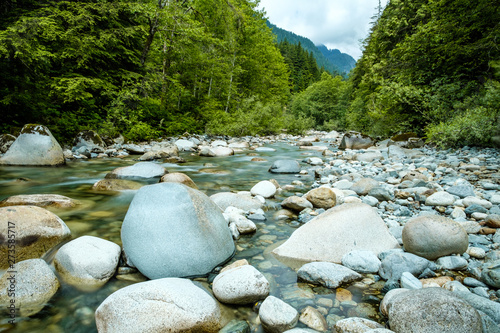 stream with clear water run down the rocky creek inside forest with green trees on the shore and mountain under cloudy sky on the far end