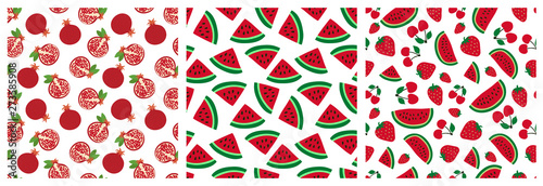 Red fruit and berry seamless pattern set. Garnet, watermelon, cherry and strawberry. Fashion design. Food print for clothes, linens or curtain. Hand drawn vector sketch. Exotic background collection