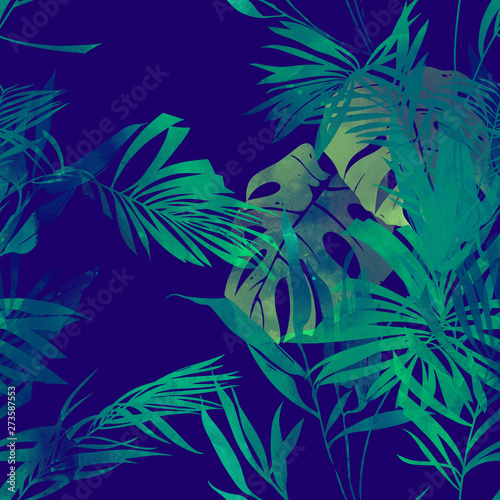 imprints bamboo  monstera  palm tree leaves mix repeat seamless pattern. digital hand drawn picture with watercolour