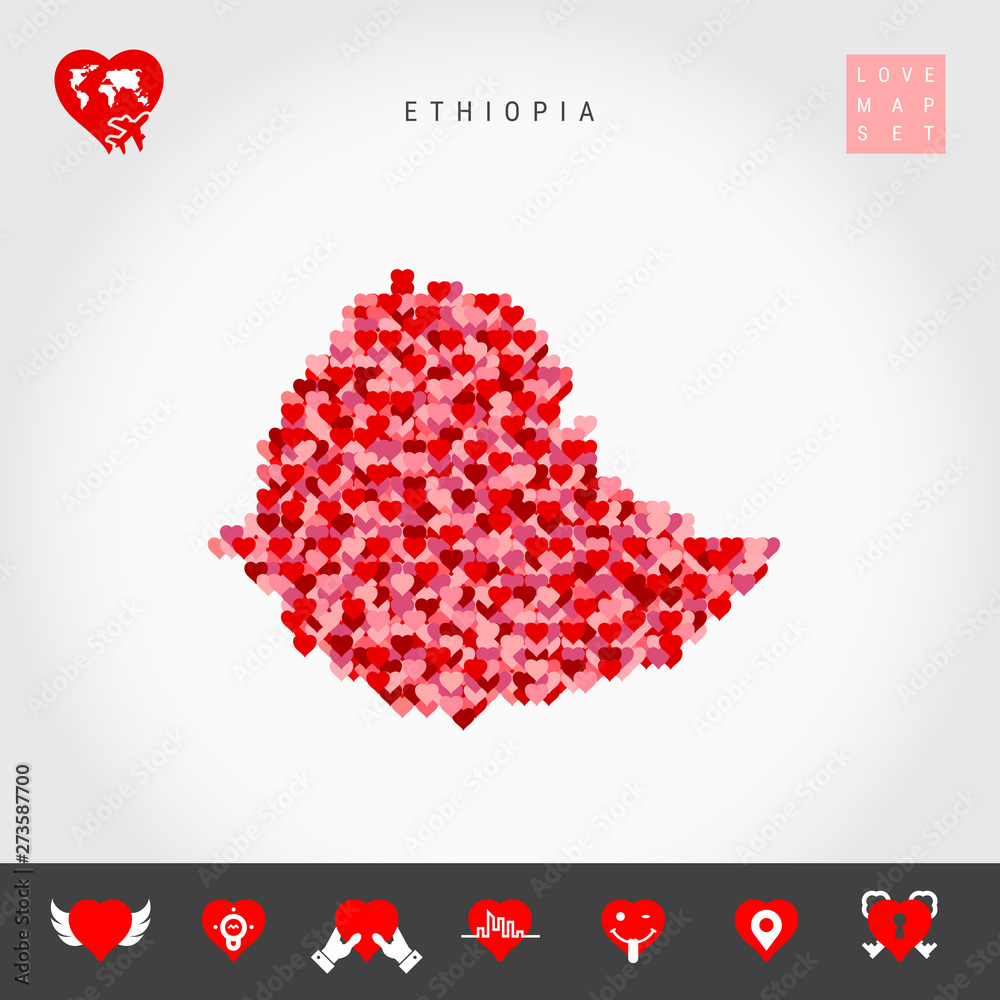 I Love Ethiopia. Red and Pink Hearts Pattern Vector Map of Ethiopia Isolated on Grey Background