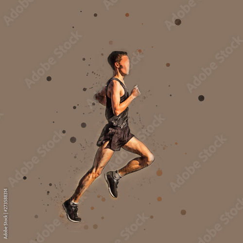 Watercolor illustration of a running man. Dynamic sketch on gray background