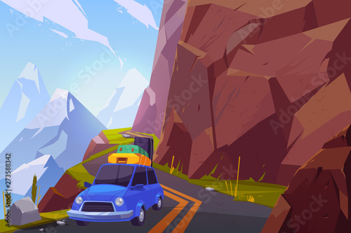 Summer vacation car travel cartoon vector concept. Passenger car, loaded with baggage bags on roof, going on serpentine road high in mountains illustration. Family leisure on nature, overseas trip