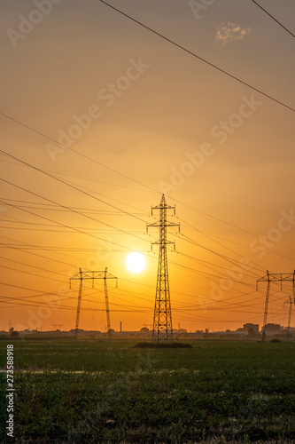 Sunset Landscape of High-voltage power lines in the land around city of Plovdiv, Bulgaria