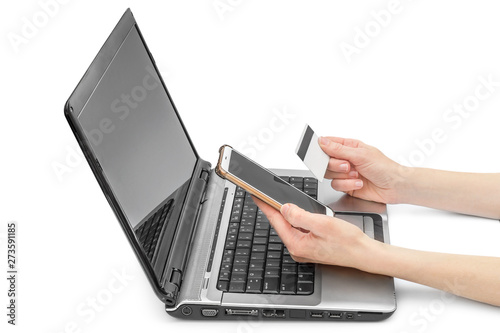 Woman make shopping online on laptop.