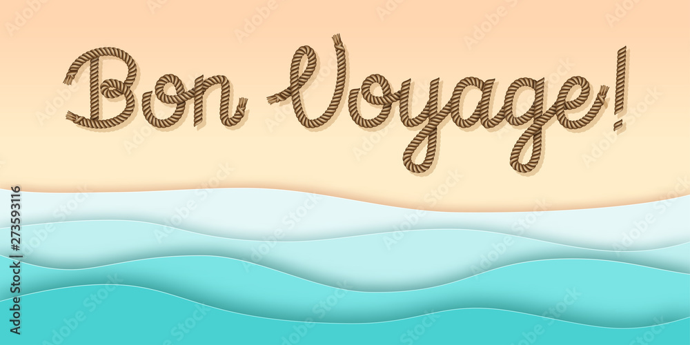 Rope hand drawn lettering on the waved paper cut background. Top view beach scene. Vector illustration EPS 10.