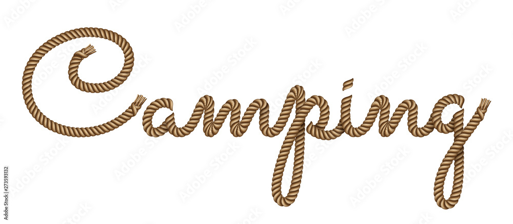 Rope hand drawn lettering Camping with 3d realistic effect. Vector illustration EPS 10.