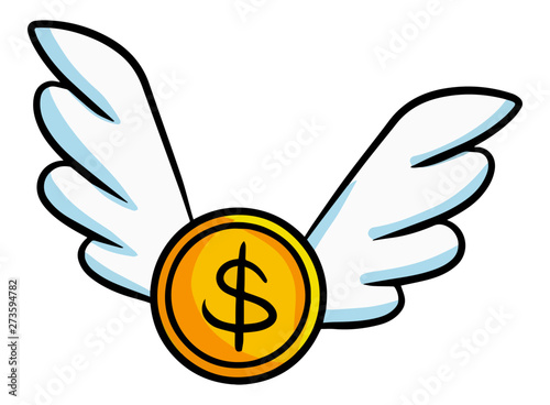 Funny and cute coin flying with wing - vector