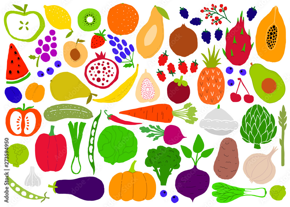 Fototapeta premium Fruit and vegetables naive simple big set silhouettes. Isolated objects on white background. Fruit and vegetables logo or element for design.