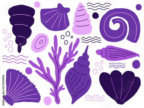Sea animals marine naive set . Ocean shape plant and animal. Abstract shape simple style. Hand drawing creative art.