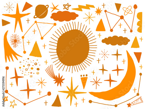 Vector set sketch naive hand drawn with space, star, cloud, sun, moon, comet. Doodle style. Elements for design.