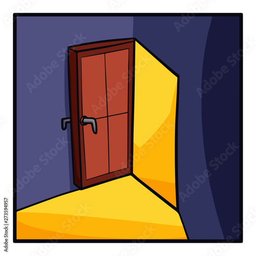 Funny and cute door opened with yellow ligt coming in - vector