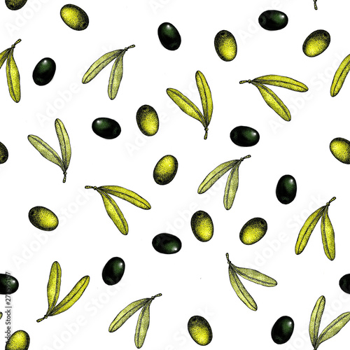 Seamless pattern with an illustration of black and green olives on a white background with sprigs and leaves. Design for olive oil, packaging, natural cosmetics, health products, wallpapers