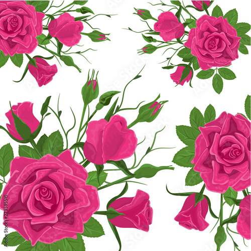 Seamless Flower Pattern. Vintage Pink Roses with Green Leaves. Floral Decorat...