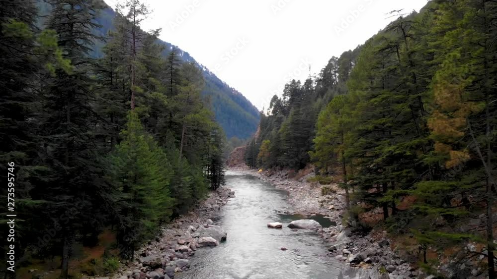 Drone video dolly through the a Forest and River and revealing a valley in front. Beautiful nature travel and tourism Alpine forest in INdia Himachal pradesh Drone video dolly through the a Forest and River and revealing a valley in front. Beautiful nature travel and tourism Alpine forest in INdia Himachal pradesh