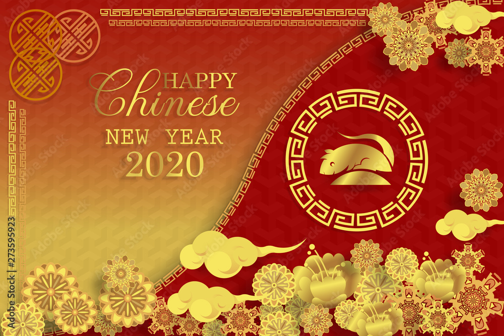Chinese new year 2020 greeting card wth cute rat, zodiac sign, paper cut style on red background. - obrazy, fototapety, plakaty 