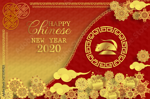 Chinese new year 2020 greeting card wth cute rat, zodiac sign, paper cut style on red background.