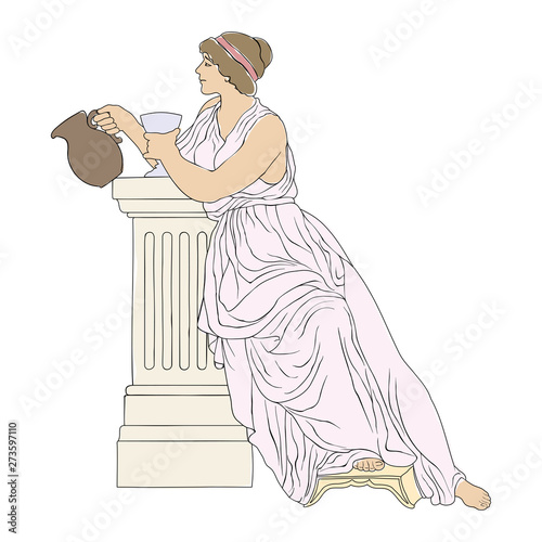 An ancient Greek woman in a tunic is sitting with a jug and a glass in her hands. Vector image isolated on a white background.