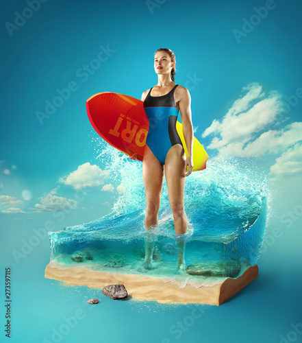 Travel and vacation background. 3d illustration with cut of the ground and the beautiful sea underwater. Female surfer standing in the baby-sea isolated on blue.