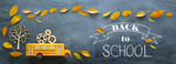 Back to school. Top view banner of cardboard school bus with wooden gears as concept of success and achievement next to autumn dry leaves over classroom blackboard background