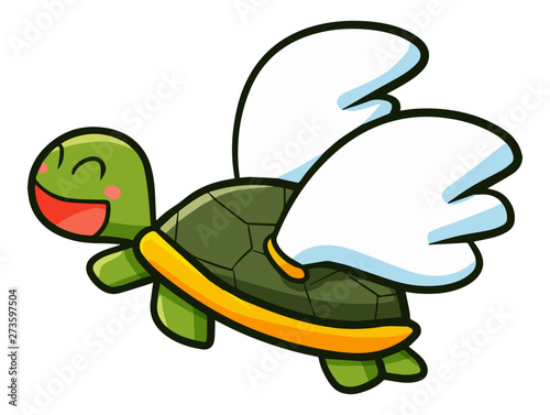 Cute and funny turtle flying with wing - vector