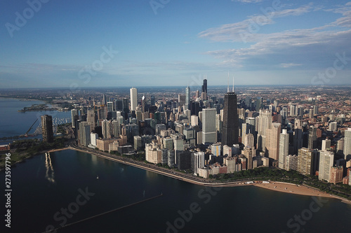 panorama of Chicago from the height and lake Michigan  skyscrapers morning sun