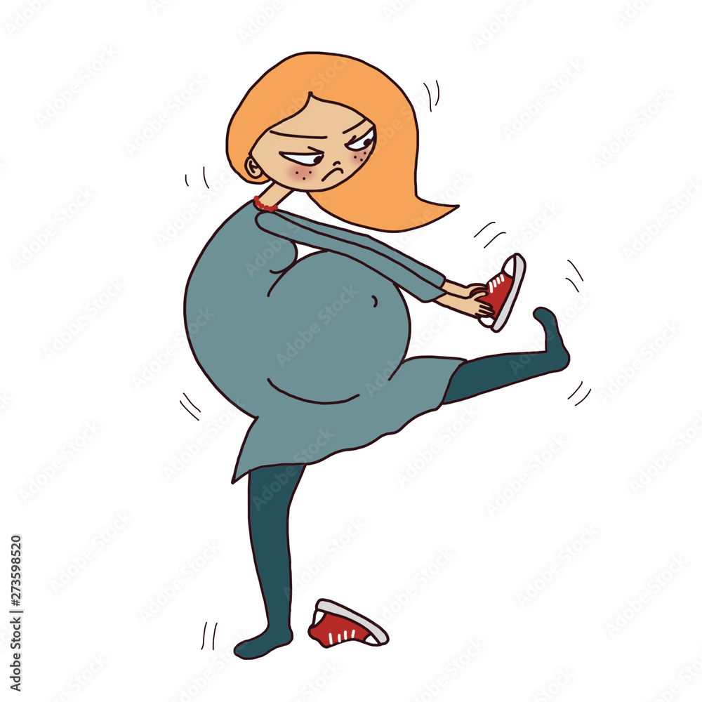 A pregnant woman tries to bend over to put on shoes, but her very big belly  hinders her and she gets angry, cartoon card about problems and curious  situations during pregnancy Stock