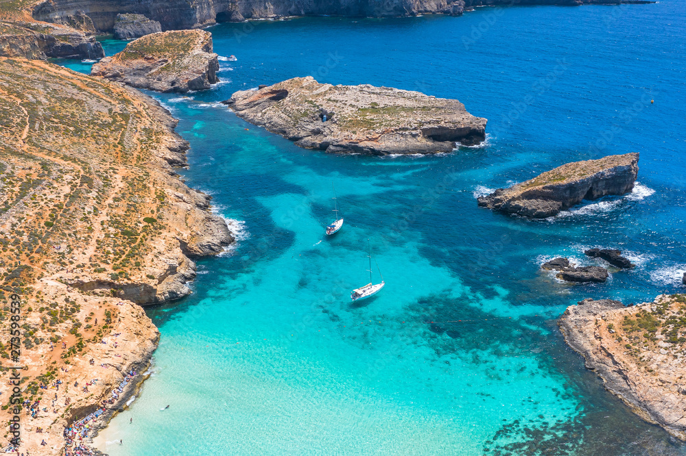 Aerial view from the height of the heavenly Blue Lagoon on the island of Comino Malta.