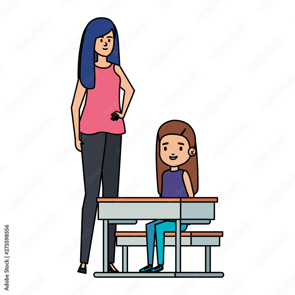 student girl in school desk with female teacher