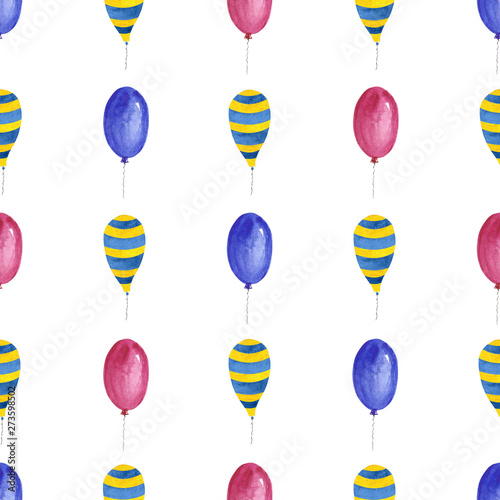 Watercolor illustration of set of balloons with yellow and blue stripes and pink and blue mono color. Seamless pattern for printing on wrapping paper, textile, fabric