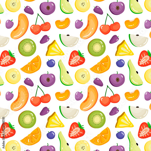 Fototapeta Naklejka Na Ścianę i Meble -  Cartoon juicy fruits vector pattern. Sweet summer farm background. Slice of fruits seamless.