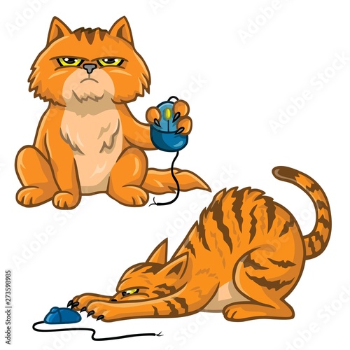 Cat Cartoon Set Playing With Computer Mouse Vector Illustration