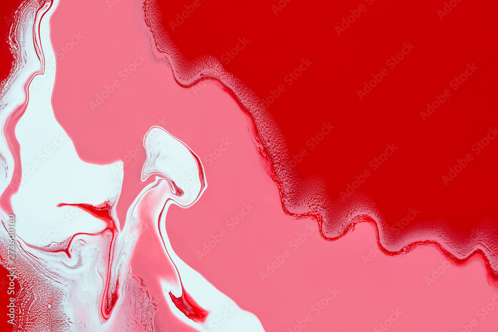 Acrylic Fluid Art. Whites curls and pink red waves. Abstract swirling background or texture