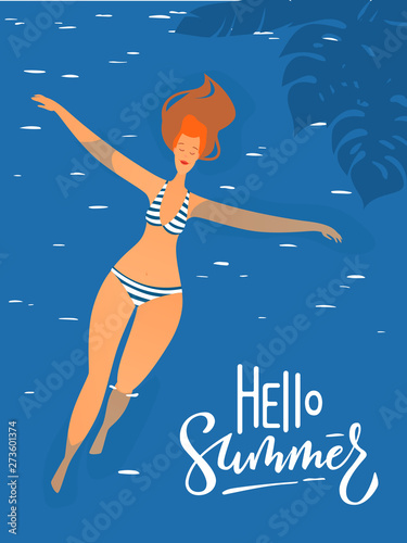 Vector hello  summer illustration with young woman in a swimming pool.