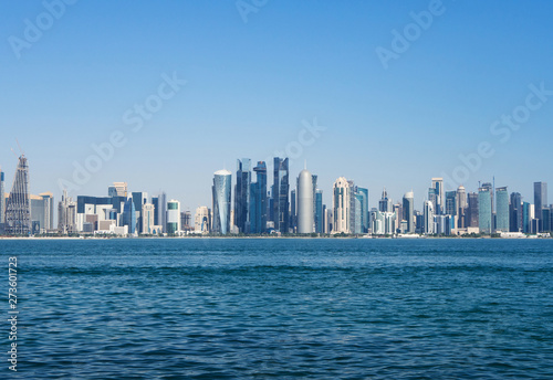 Doha skyline with skyscrapers and waterfront. Concept of finance luxury world