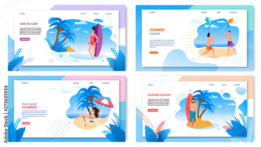 Fototapeta premium Active Summer Tropic Vacation Landing Page Set