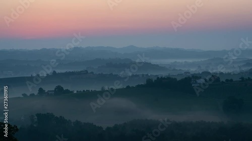 Sunrise in Piedmont vineyards, Langhe Monferrato Roero wine region, timelapse video