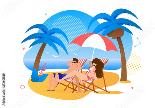Satisfied Cartoon Couple Resting on Tropical Beach
