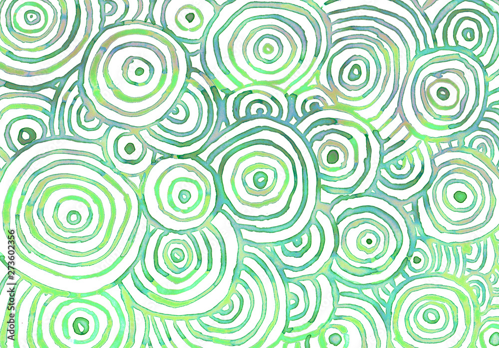 Watercolor abstract overlapping dark green blue turquoise green circles background on white wallpaper