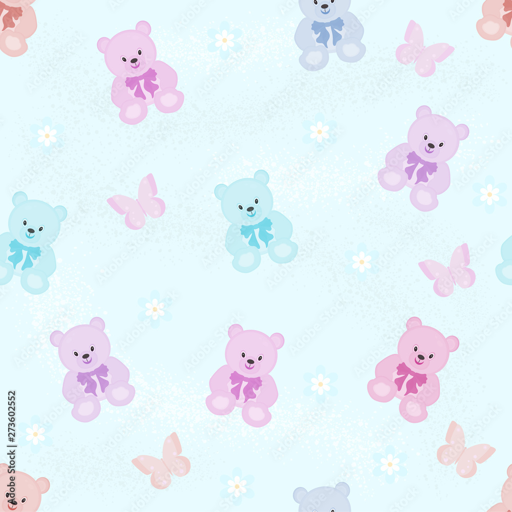 Seamless vector pattern with multi-colored bears on a blue background
