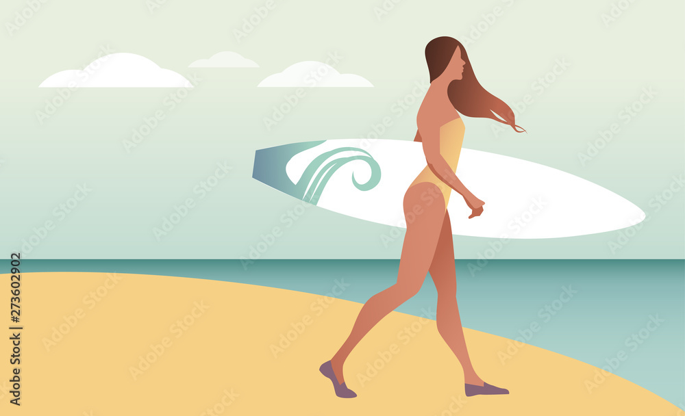 Surfing Time. Young woman in swimsuit carrying a surfboard on the beach