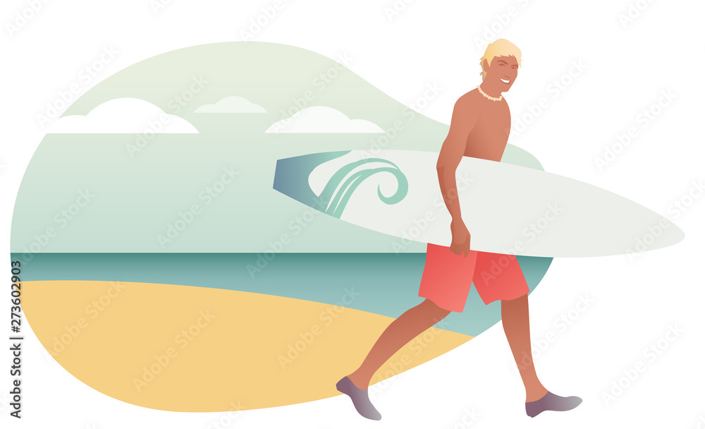 Surfing Time. Young man in swimsuit carrying a surfboard on the beach